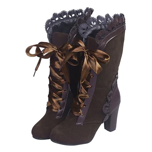 Victorian Boots For Women 2025 Chunky Heels Lace up Cute Cosplay Costumes Witch Medieval Renaissance Mid-Calf Goth Boot Vintage Dance Kawaii Lolita Shoes