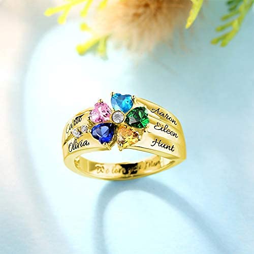 Mothers Ring Sterling Silver With 5 Birthstones & Names Personalized Women Band Custom Five Heart Shaped Stones Children Names White Gold Plated Gift For Mothers Day From Son Daughter #TOP4
