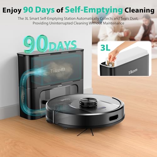 Tikom Robot Vacuum and Mop, 6000Pa Robotic Vacuum Cleaner with Self-Emptying Base, 90 Days Capacity, LiDAR Navigation, Home Mapping, Ideal for Pet Hair, Hard Floors, Carpet (L8000 Plus) - Image 3