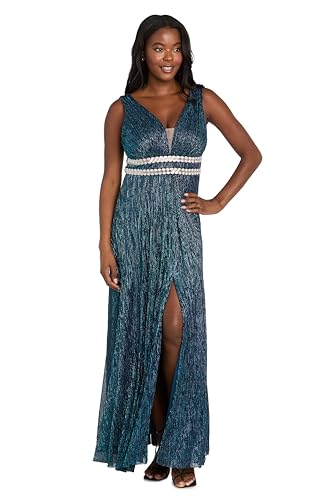 Image of R&M Richards Women's Pleated Maxi Dress W /Illusion V-Neck, Embellished Waistband & Front Slit - Party & Cocktail Gown