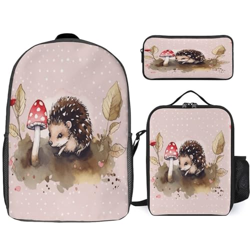 Printed Backpack With Lunch Pack Storage Box Case Hedgehog Watercolor Painting 3pcs Lightweight Travel Backpack