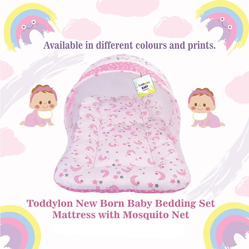 Image of Toddylon Baby Bed New Born Baby Bedding Set Combo | Carry Bag | Mattress | Mosquito Net | Insect Protector | Infants (0-6 Months, Pink, Baby Size, Cotton)