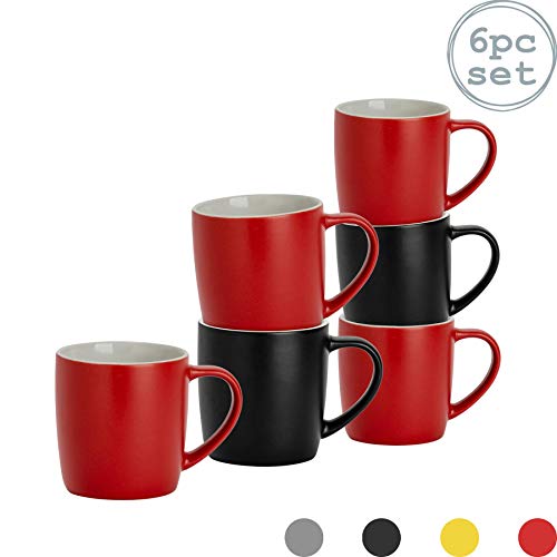 Argon Tableware 6 Pieza Matt té y de café Set - Modern Style Porcelana Cappuccino Latte Tazas - Negro + Rojo - 350ml