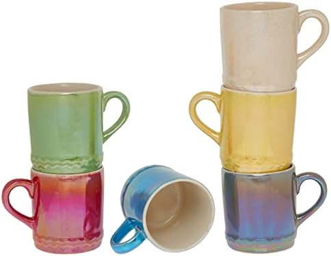 Homeway Set of 6 Multi Coloured Stoneware Mugs Coloured Metallic Coffee Mugs 300ml, Tea Mugs, Hot Chocolate Mugs. Shinny Mugs, Glossy Mugs, Spring Mugs, Springtime Mugs, Easter Mugs,