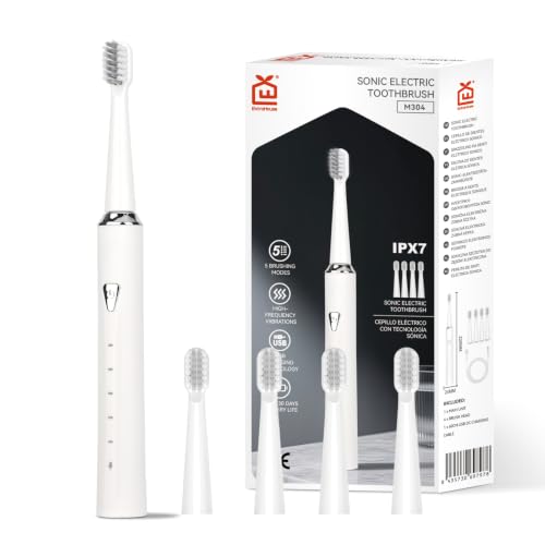 Cepillo de Dientes Eléctrico Sónico con 5 Modos de Limpieza, Impermeable IPX7, Batería de 500mAh con 30 Días de Autonomía, Carga USB, 4 Cabezales de Repuesto, Color Blanco, Ideal para Casa y Viajes