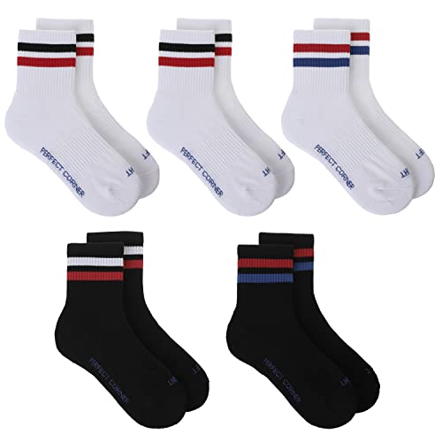Perfect Corner Cotton Cushion Arch Support Training Gym Athletic Quarter Socks For Men And Women 5-Pair (2-Stripe Asst, Medium) #TOP5