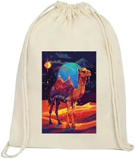 Decorative Drawstring Tote Bag with Camel Desert Art Print, Beige Canvas