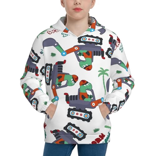Dinosaur on Excavator2 Kids Pullover Hoodies Boys Sweatshirts Girls Athletic Clothes with Pocket