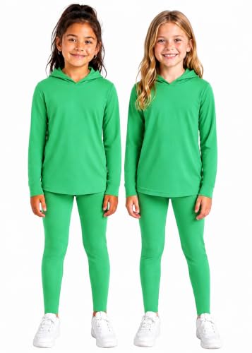 Image of STRETCH IS COMFORT Girls 2 Piece Hoodie Short Sleeve Long Sleeve Crew Neck Top and Leggings Set Kids Thermals Underwear Set