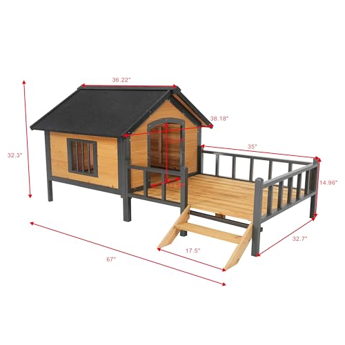 GDFStudio Wooden Large Dog House w/Porch Deck, Iron Frame Dog Kennel for XL Dogs, Weatherproof Outdoor Dog House with Asphalt Roof, Elevated Cabin Style Pet Shelter, 43.3"W × 66.9"D × 32.7"H, Honey by GDFStudio - Image 2