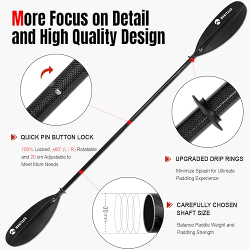 WONITAGO Kayak Paddle Premium Carbon Fiber Paddle with Reinforced PP + Fiberglass Blade, Floating Adjustable Kayaking Oars, 3 Piece, 240-260 cm/94-102 Inches, Black