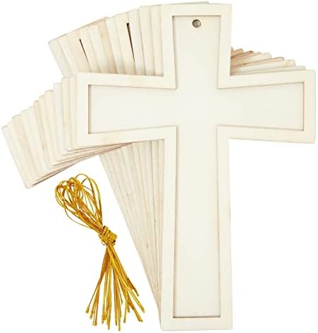 Bright Creations 12 Pack Unfinished Small Wooden Crosses with Gold String for DIY Crafts, Wood Cross Ornaments for Easter Tree (3.8 x 5 in)