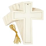 12 Pack Unfinished Small Wooden Crosses with Gold String for DIY Crafts, Wood Cross Ornaments for Easter Tree (3.8 x 5 in)