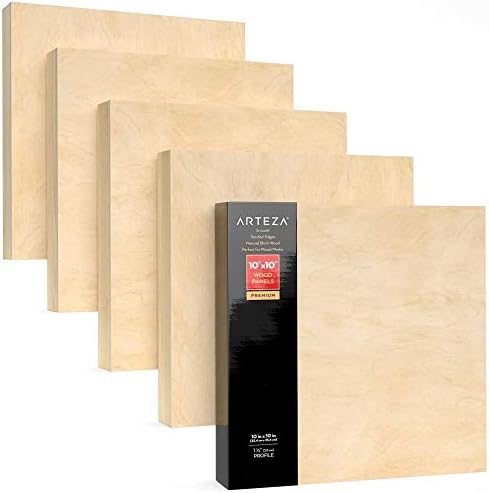 Arteza 10x10 Inch Wooden Canvas Board, Pack of 5, Birch Wood, Cradled Artist Wood Panels, Art Supplies for Painting, Encaustic Art, Wood Burning, Pouring, Use with Oils, Acrylics
