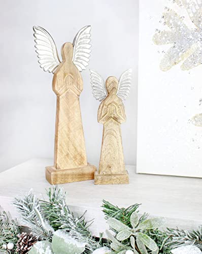 Auldhome Wooden Angel Christmas Statues (Set Of 2); Primitive Farmhouse Holiday Decor Wood And Metal Praying Figurines #TOP1