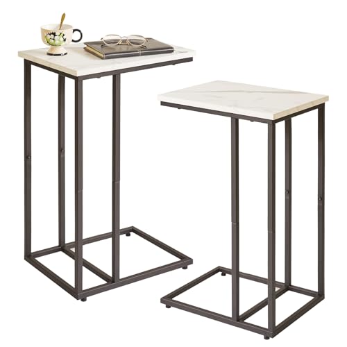 Set of 2 C Shaped End Table for Sofa, Bedside Table, Couch Table with Metal Frame for living Room, Bedroom, Balcony, White Faux Marble and Black Metal Frame, YD-TM051B-2