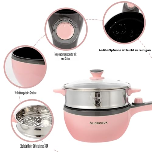 Audecook Elektrische Hot Pot mit Dampfgarer, 1.5 L/20cm Elektrischer Bratpfanne Hotpot Topf Antihaft Mini Elektropfanne, Multikocher für Wohnheim Ramen, Steak (C (rosa/1,5 l mit Dampfgarer))