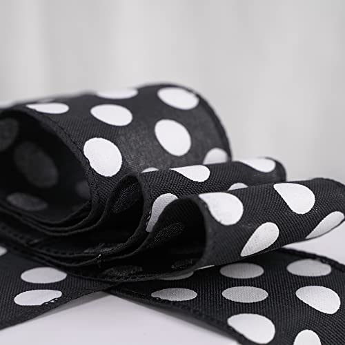 Meedee Black Ribbon With White Dots Black And White Polka Dot Ribbon 2.5 Inch Black Wired Ribbon For Black & White Welcome Front Door Burlap Wreath Pet Wreath Dog Wreath Ribbon Gift Basket, 10 Yards #TOP2