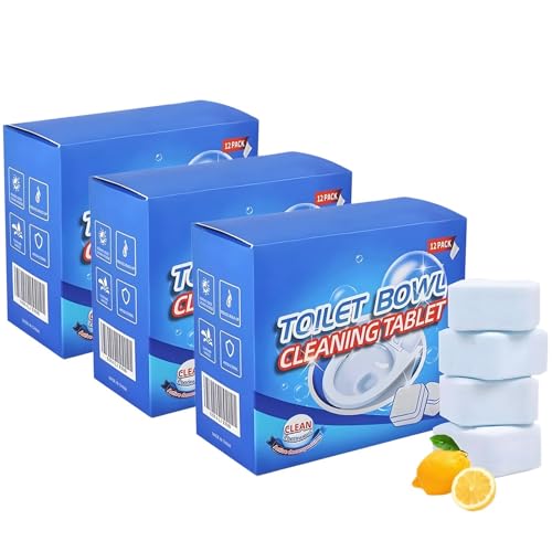 Limpiador de inodoros (12 unidades), potente eliminador de cal y descalcificador, potente quitamanchas en pastillas limpiadoras for inodoros, ambientador de larga duración.(3 boxes)