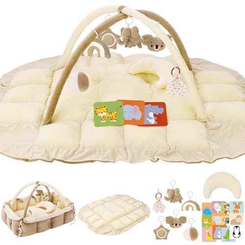Image of 5-in-1 Plush Baby Play Gym & Activity Mat, Baby Play Mats, Baby Gym with Convertible Design, Tummy Time Mat with Cushion, 6 Sensory Toys for Newborn to Toddler, Dark Cream