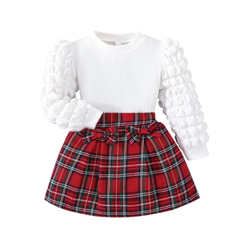 Image of Noubeau Toddler Girls Plaid Outfits Girls Puff Sleeve Knit Ribbed Shirt Tops Plaid Skirt Set Kids Fall Winter Clothes