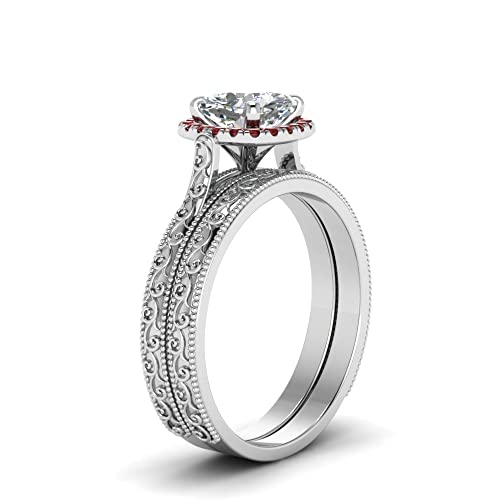 Image of Choose Your Gemstone Hand Engraved Halo Cushion Wedding Ring 925 Sterling Silver Cushion Shape Wedding Ring Sets Matching Jewelry Wedding Jewelry Easy to Wear Gifts US Size 4 to 12