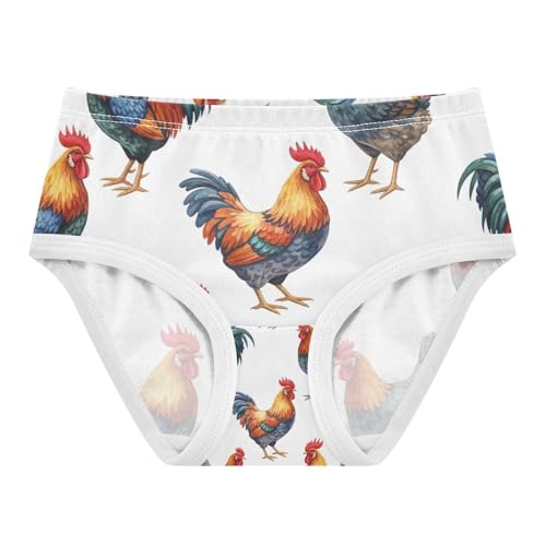 Toddler Panties, Watercolor Roosters Hens White Girls Underwear Cotton, 2T–8 Years