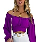 Women Summer Puff Long Sleeve Off Shoulder Shirt Sexy Backless Self Tie Knot Solid Crop Top Purple