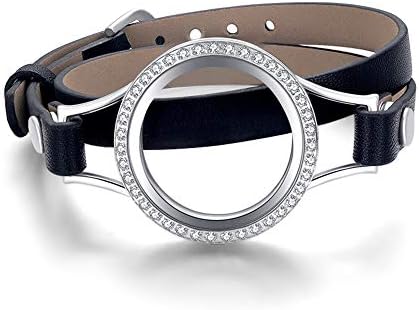 Mesinya Men Women Girl Boy's 316L Stainless Steel Adjustable Floating Charms Glass Locket Bracelet Bangle (Black Leather 6.5-8'' W/CNC CZ)