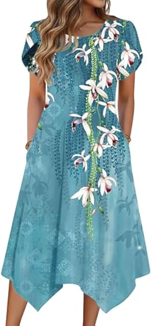 Zeagoo Womens Casual Dress for Summer Short Sleeve Loose Flowy Beach Dress with Pockets Hankerchief Flare Midi Sundress 2026