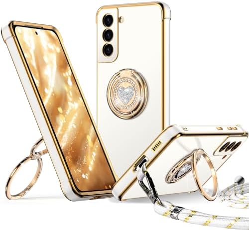 XYZ for Samsung Galaxy S22 Case with Stand, Double Ring Holder Case Heart with Lanyard for Girls Women, Luxury Cute Bling Protective Phone Cover Case for Samsung S22, White