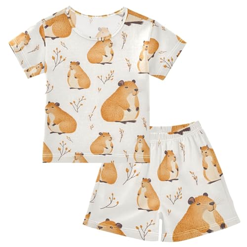 ALAZA Capybara Cartoon Cute Pajamas Set Short Sleeve Cotton Sleepwear Summer Pjs 2 Piece 5-14Y
