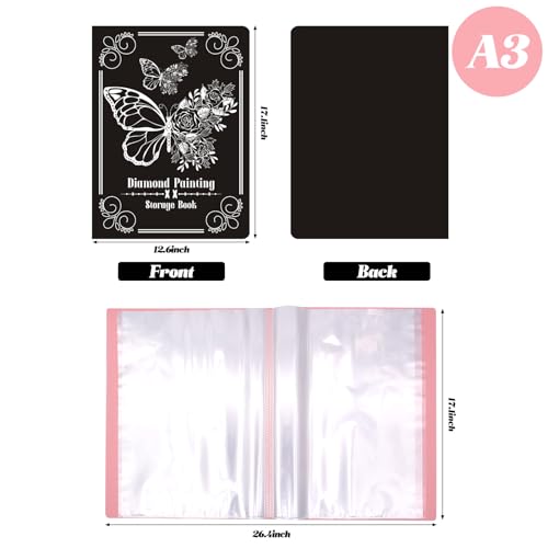 Image of ZYNERY 2 Pack A3 Diamond Painting Storage Book, 60 Pages Art Portfolio Diamond Art Storage Large Folder - Suitable for 12x16 inch Diamond Painting (Pink + Black)