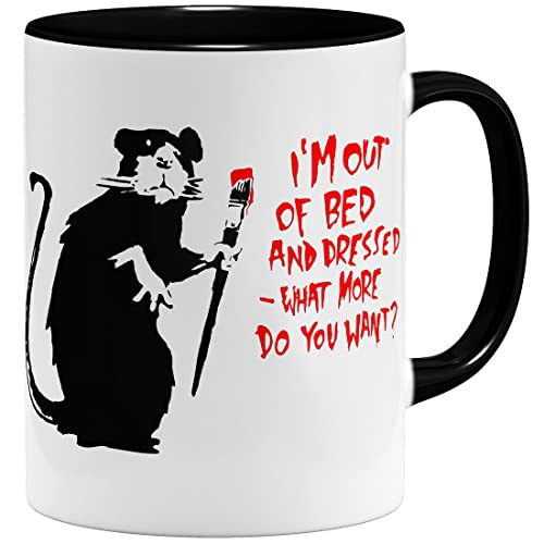 OM3® Taza de cerámica Out of Bed Rat Banksy, 325 ml, estampado por ambos lados, color negro