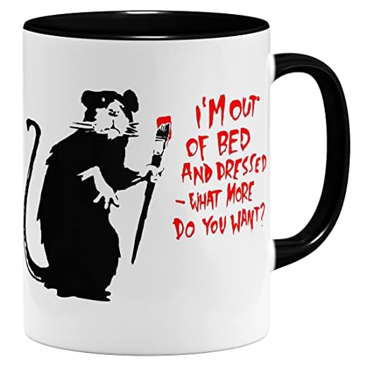OM3® Taza de cerámica Out of Bed Rat Banksy, 325 ml, estampado por ambos lados, color negro