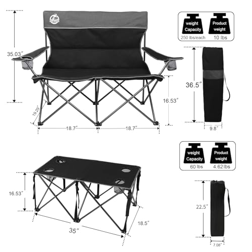 Northroad Folding Camping Chair Set of 4, Portable Collapsible Conversation Set w/1 Sofa, 2 Single Chairs, 1 Table for Family Patio, Outdoor Travel,Beach(Black) - Image 4