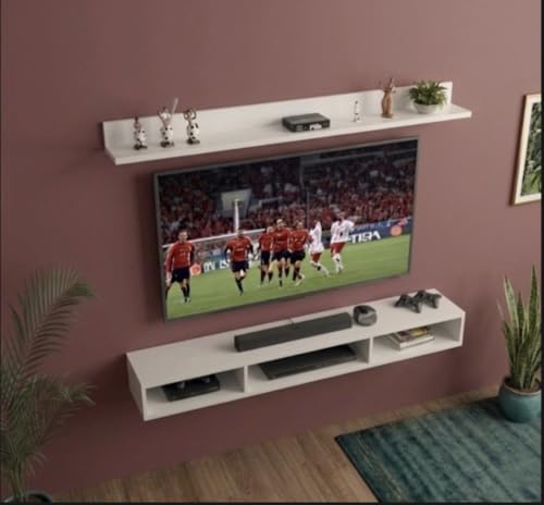 Image of Bros Moon Wall Mounted TV Cabinet, Frosty White, Laminated Finish, for Living Room, Suits TV up to 40 Inches (Frosty White, Parallel Roof Top 32 Inches)