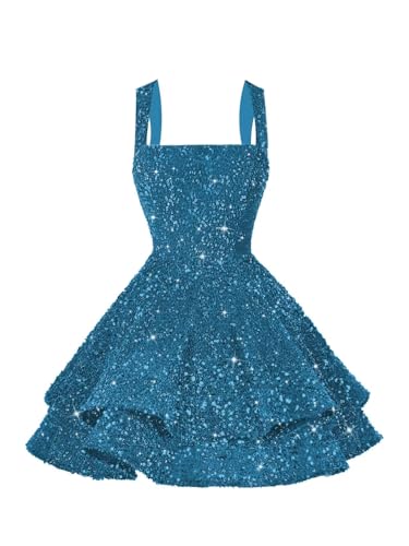 vintys Women's Teal Mini Sequin Homecoming Dresses 2025 Scoop Neck