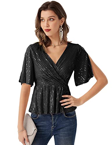 Sequin Tops For Women Sparkle Shimmer Club Blouse Glitter Wrap V Neck Shirt Bell Sleeve Ruffle Peplum T-Shirt Top Black L #TOP4