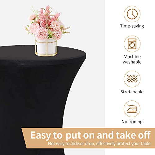 4Pcs 24 Inch Black Round Cocktail Tablecloth With Stretch Spandex Table Cover For Fitted Bar Wedding Cocktail Table #TOP3