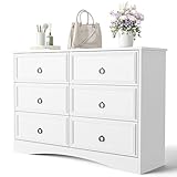 Naice Modern 6 Drawer Dresser Wooden Dressers Chest of Drawers Dresser, Storage Drawer Storage Dresser for Clothes, Textured Border Drawer, Long Dressers for Bedroom Living Room/Hallway/Office, White