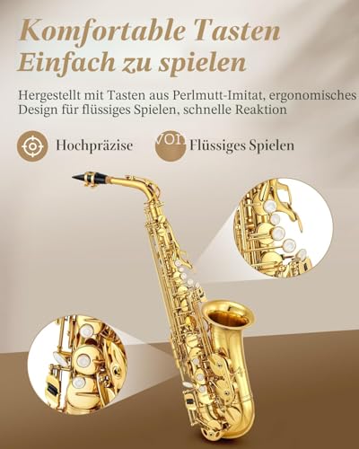 Eastar Altsaxophon für Studenten, E-Flat, Goldlack, Altsaxophon für Anfänger, komplettes Set mit Saxophonkoffer, Mundstückriemen, Schilfständer, AS-Ⅱ