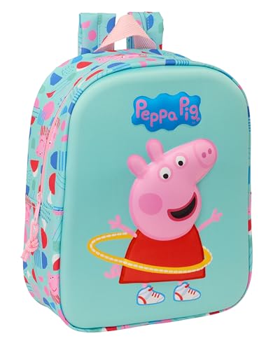 PEPPA PIG 3D - Mochila de Guardería 3D, Adaptable a Carro, Fácil Limpieza, Ideal para Niños de Diferentes Edades, Cómoda y Versátil, Calidad y Resistencia, 22x10x27 cm, Color Verde/rosa