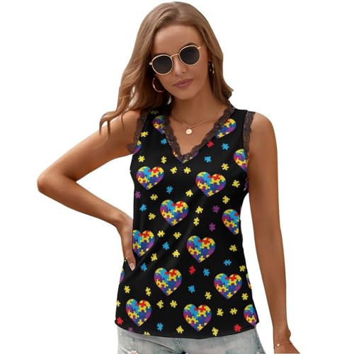 Womens Summer V-Neck Tank Tops, Stretchy Breathable Lace Trim Sleeveless Blouse Tees, Casual Cozy Shirts for Running, Sleeping, Autism Awareness Colorful Puzzle Love Heart Black, (L)