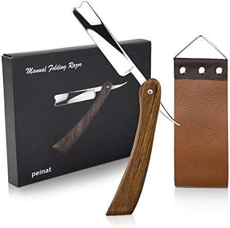 peinat Straight Razor, Wooden Straight Edge Razor for Men Stainless Steel Manual Straight Razor Kit Cutthroat Rosewood Razor Vintage Razor Contains Barber Razor and Leather Canvas Strap