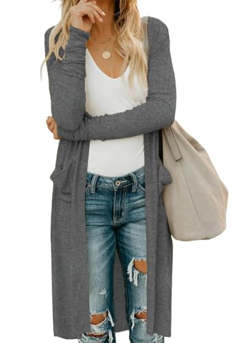 Image of Ancapelion Women's Hooded Long Cardigans Coatigans for Open Front Long Sleeve Lightweight Cardigan for Women with Pockets Dark Grey L