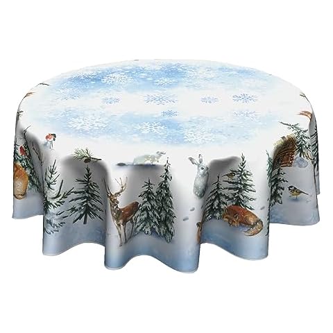 Giwawa Winter Deer Round Tablecloth 60 Inch Pine Tree Table Cloth Holiday Decorative Table Cover for Home Kitchen Dining Room Picnic Party Cover