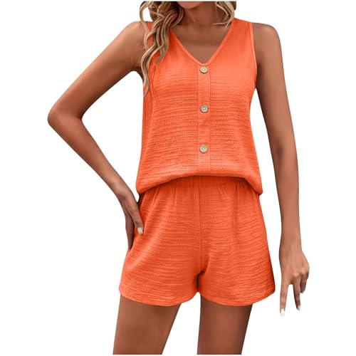 NSICBMNO Orange 2 Piece Outfits Women Summer Co Ord Sets Casual Track Suit Button Up Vest Tops V Neck Tank Tops Hot Pants Running Shorts Loungewear Sets Travel Airport Outfits For Holiday Beach Work
