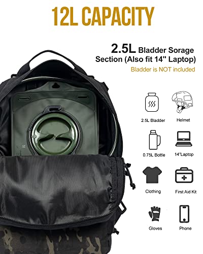 Onetigris Achelous Tactical Backpack, 12L Small Hiking Daypack Men's Assault Pack For Tactical Vest Travel Rucksack For Women, Black #TOP2