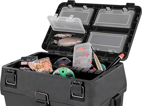 Foto von Angelkoffer Angelbox Angeltasche gepolsterte Sitzkiepe Sitzfunktion Gerätekasten mit Rucksackfunktion und aufgesetzen Taschen - inklusive 4 Tackle-Boxen für Angelzubehör Farbe Dunkel-Schwarz